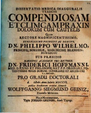 Diss. inaug. tradens compendiosam et clinicam praxin dolorum cum cautelis
