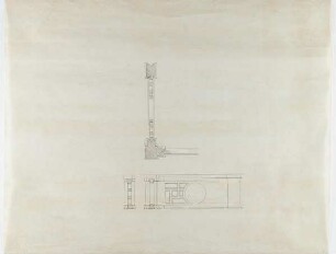 Pauszeichnung zum Pfeilertisch mit Kabinettschrank. Frontalansicht, Querschnitt und Aufsicht der Ecklösung der Balustrade