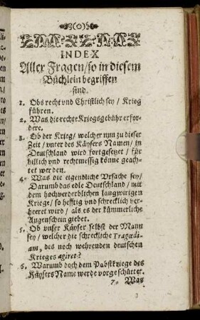 Index Aller Fragen/ so in diesem Büchlein begriffen sind.