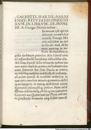 Refutatio obiectorum in librum De homine a Georgio Merula : mit Widmungsbrief des Autors an Federico da Montefeltro, Herzog von Urbino