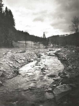 Gottleubatal-Oelsengrund oberhalb der Clemensmühle. Denudierter Talboden nach der Unwetterkatastrophe 8./9. Juli 1927