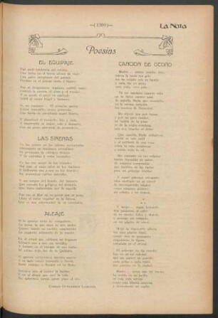 Poesías : El equipaje [y] Las sirenas [y] Aleaje [y] canción de otoño