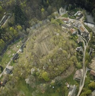 Kirschau. Burgruine Körse und Spreeumfluß. Luftbild-Schrägaufnahme von Nordosten