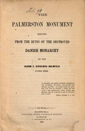 The Palmerston monument erected from the ruins of the destroyed Danish monarchy