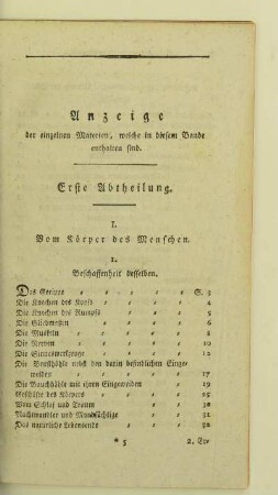 Anzeige der einzelnen Materien, welche in diesem Bande enthalten sind