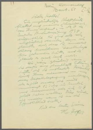 Brief von Karl Hofer an Georg Kolbe