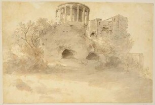 Rundtempel auf ausgehöhlten Felsen, rechts Ruinen
