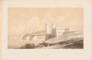 Neue Nogatbrücke, Marienburg: Perspektivische Ansicht (aus: Atlas zur Zeitschrift für Bauwesen, hrsg. v. G. Erbkam, Jg. 5, 1855)