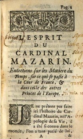 L' esprit du Cardinal Mazarin : Entretiens sur le matieres tu temps ...