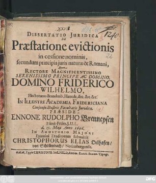 Dissertatio Iuridica De Praestatione evictionis in cessione nominis, secundum principia iuris naturae & Romani