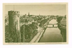 "Neckarpartie mit Bollwerkturm" - Gesamtansicht, Blick auf nördliche Altstadt