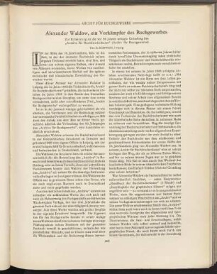 Alexander Waldow, ein Vorkämpfer des Buchgewerbes. Zur Erinnerung an die vor 50 Jahre erfolgte Gründung des "Archivs für Buchdruckerkunst" (Archiv für Buchgewerbe)