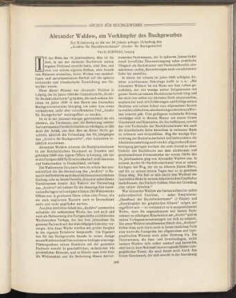 Alexander Waldow, ein Vorkämpfer des Buchgewerbes. Zur Erinnerung an die vor 50 Jahre erfolgte Gründung des "Archivs für Buchdruckerkunst" (Archiv für Buchgewerbe)