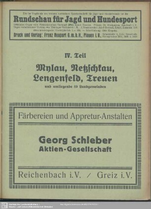 IV. Teil. Mylau, Netzschkau, Lengenfeld, Treuen und umliegende 69 Landgemeinden