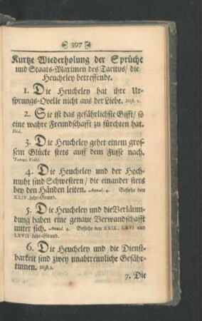 Kurtze Wiederholung der Sprüche und Staats-Maximen des Tacitus/ die Heucheley betreffende.