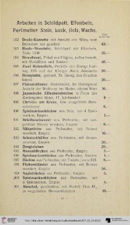 Arbeiten in Schildpatt, Elfenbein, Perlmutter, Stein, Lack, Holz, Wachs (Nr. 182-227)