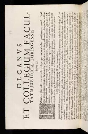 Decanvs @[Decanus] Et Collegium Facultatis Juridicae Tubingensis Lectori Sal.
