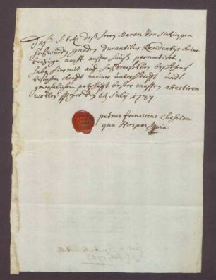 Testimonia residentiae des Johann Franz Xaver von Sickingen-Hohenburg.