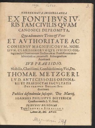 Theoremata Miscellanea Ex Fontibus Iuris Tam Civilis Quam Canonici Deprompta