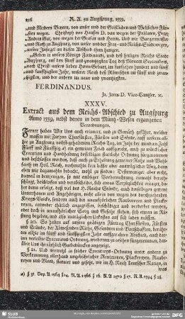 XXXV. Extract aus dem Reichs-Abschied zu Augspurg Anno 1559, nebst denen in dem Müntz-Wesen ergangenen Verordnungen