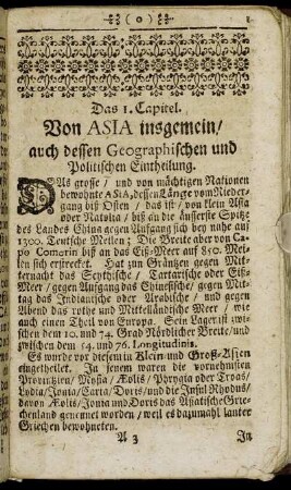 Das 1. Capitel. Von Asia insgemein/ auch dessen Geographischen und Politischen Eintheilung.