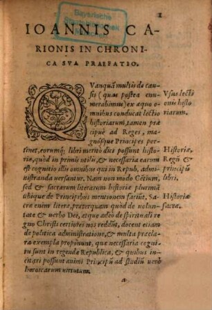 Io. Carionis Chronicorvm Ab Orbe Condito Ad hanc vsque nostram aetatem Libri III : primum ab ipso authore conscripti ... Accessit praeterea huic editioni Index alphabeticus amplissimus