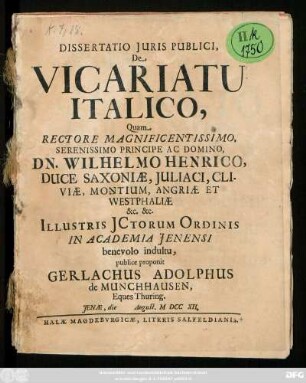 Dissertatio Juris Publici, De Vicariatu Italico,