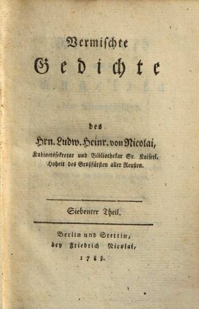 Vermischte Gedichte, 7. (1783). - [1] Bl., 258 S. : Ill.