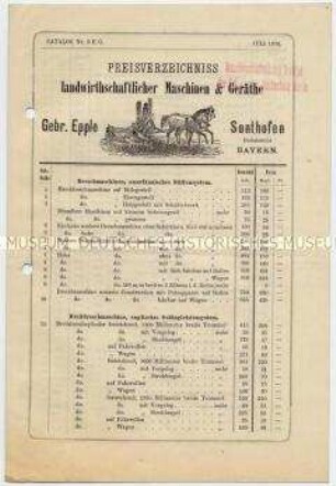 Preisverzeichnis landwirthschaftlicher Maschinen und Geräte