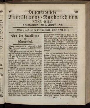 XXXI. Stück. Sonnabends: den 4. August, 1787.