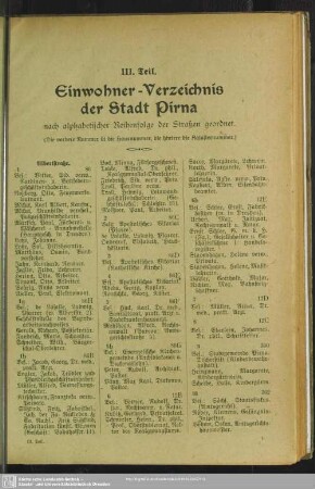 III. Teil. Häuserbuch : III. Teil. Einwohner-Verzeichnis der Stadt Pirna