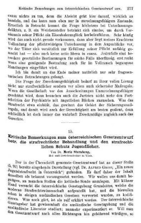 277-296, Kritische Bemerkungen zum österreichischen Gesetzentwurf betr. die strafrechtliche Behandlung und den strafrechtlichen Schutz Jugendlicher