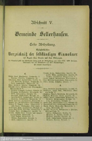 Erste Abtheilung. Einwohnerverzeichnis : Erste Abtheilung. Alphabetisches Verzeichniß der selbständigen Einwohner