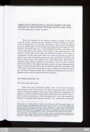 Aspects Of The Political Involvement Of Sufi Orders In Twentieth Century Egypt (1907-1970) An Exploratory Stock-Taking