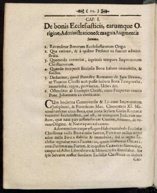Cap. I. De bonis Ecclesiasticis, earumque Origine; Administratione & magnis Augmentis