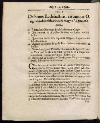 Cap. I. De bonis Ecclesiasticis, earumque Origine; Administratione & magnis Augmentis