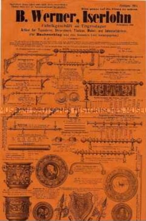Werbeprospekt der Firma B. Werner, Iserlohn für das Frühjahrsangebot an Tapezier- und Dekorationswaren, Gardinenstangen, Haken u.a. aus Metall; 1904