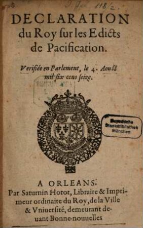 Declaration du roy sur les edits de Pacification