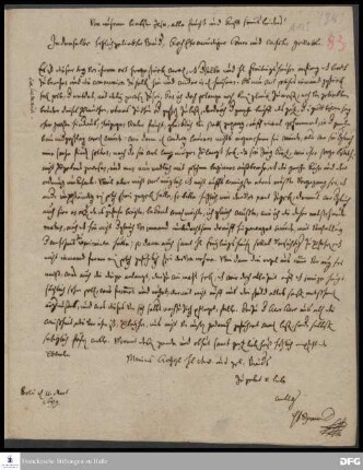 Brief von Philipp Jakob Spener an August Hermann Francke.