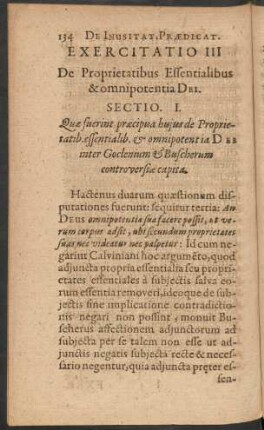 Exercitatio III De Proprietatibus Essentialibus & omnipotentia Dei.