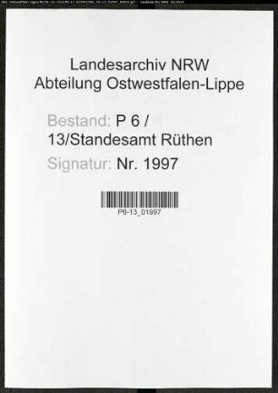 Sterberegister Standesamt Rüthen
