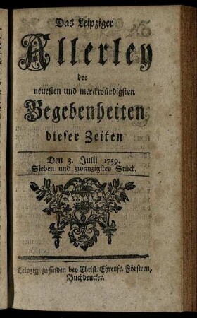 Den 3. Julii 1759. Sieben und zwanzigstes Stück.