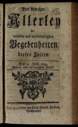 Den 3. Julii 1759. Sieben und zwanzigstes Stück.