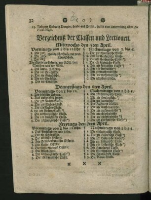 Verzeichnis der Classen und Lectionen.