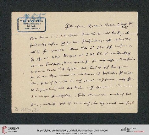 Briefwechsel Theodor Mommsen und Marie Mommsen geb. Reimer: Postkarte von Theodor Mommsen an Marie Mommsen