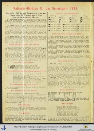 Kalender-Notizen für das Gemeinjahr 1929.
