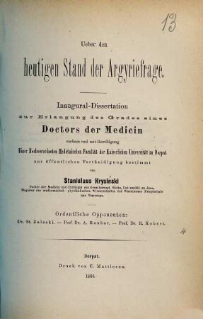 Ueber den heutigen Stand der Argyriefrage
