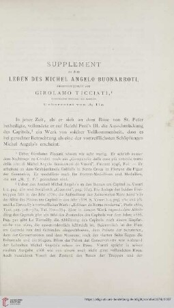 Supplement zu dem Leben des Michel Angelo Buonarroti, zusammengestellt von Girolamo Ticciati