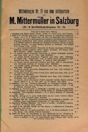 Mittheilungen Nr. XVII von Matthias Mittermüller, Buchhandlung und Antiquariat für katholische Literatur in Salzburg ...
