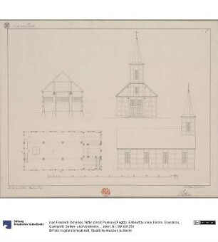 Vettin (Groß Pankow (Prigtz)). Entwurf zu einer Kirche. Grundriss, Querprofil, Seiten- und Vorderansicht